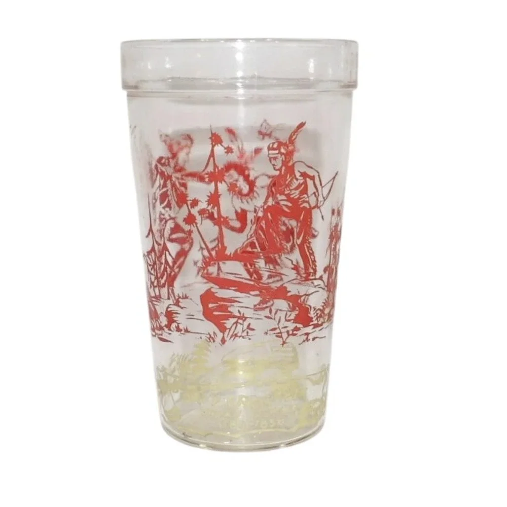 Vintage Davy Crockett Glass Jelly Jar Tumbler Red Yellow Graphics 1950s Western
